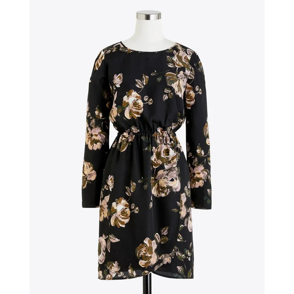 J.Crew Black Tulip Hem Dress Size 14 Floral Long Sleeve Garden Party Capsule